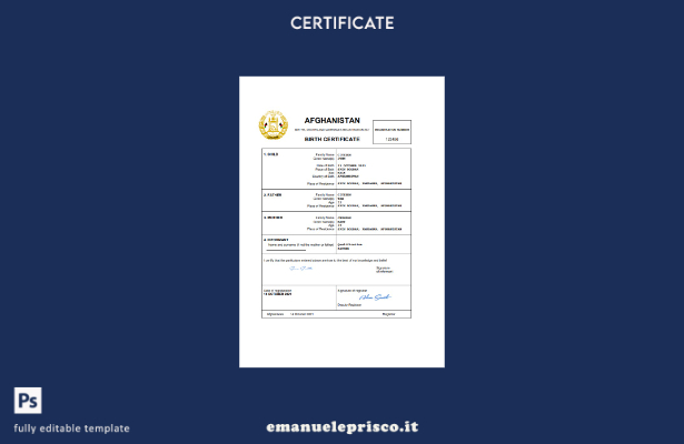 modello Word del certificato di nascita dello stato di stato dell'Afghanistan in